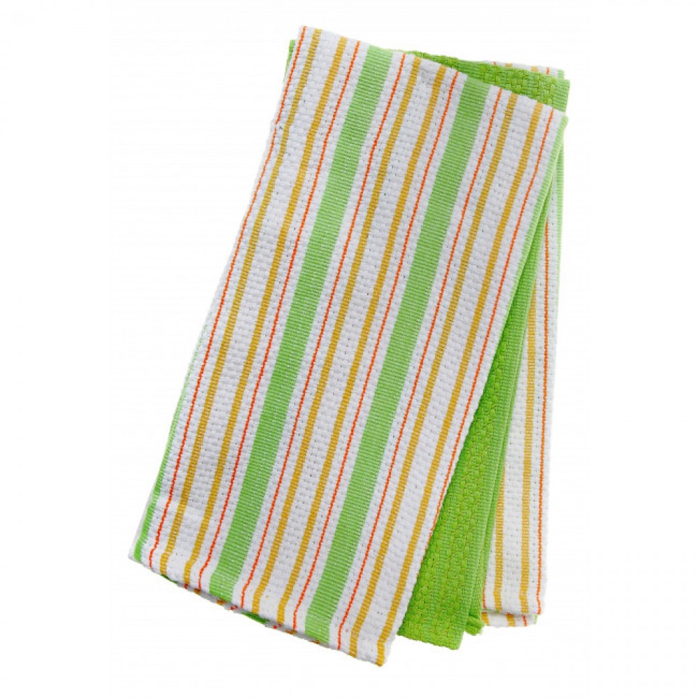 Set Of 3 Green Stripes And Solid Pattern Tea Towels