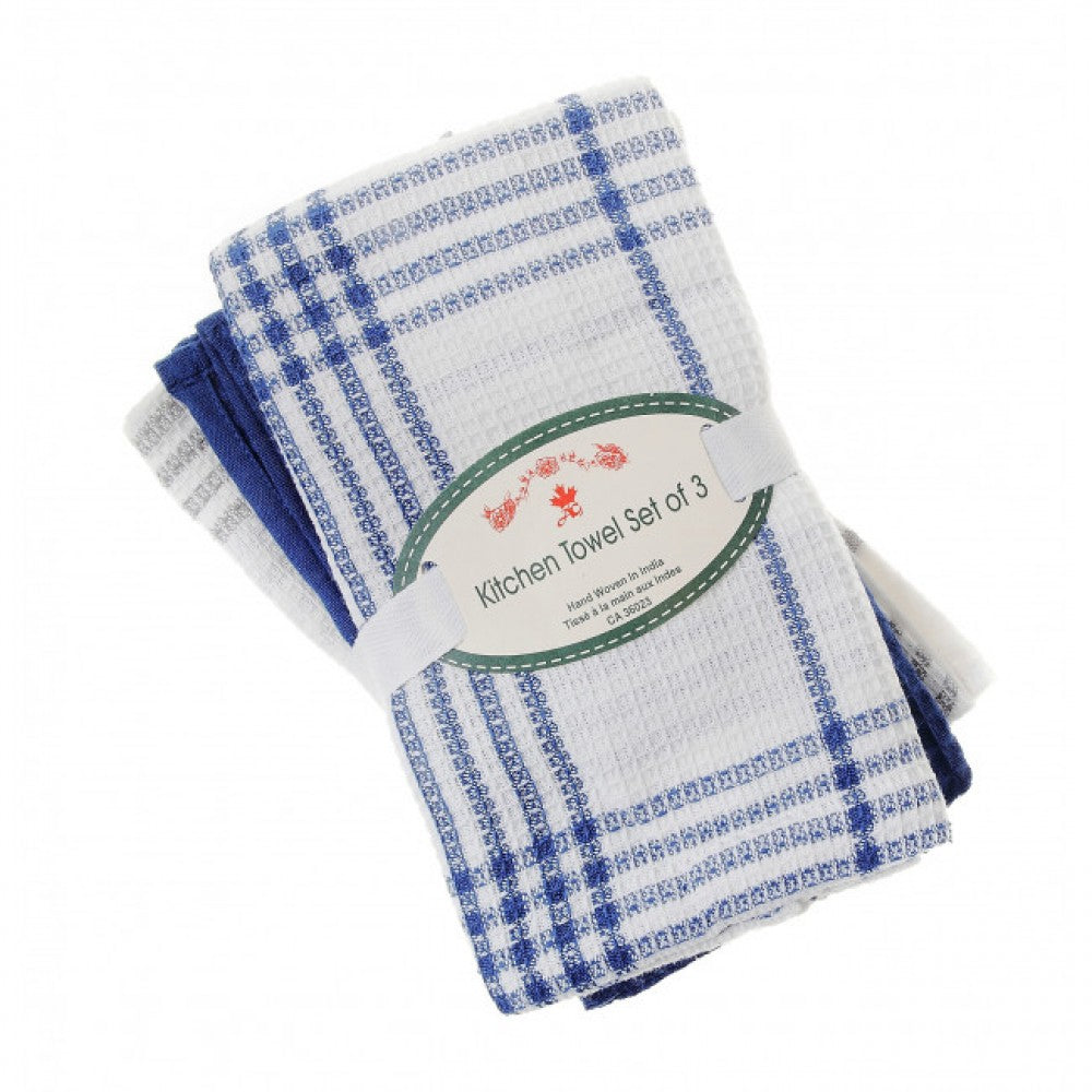 Set Of 3 Navy Blue Waffle Solids And Check Pattern Tea Towels