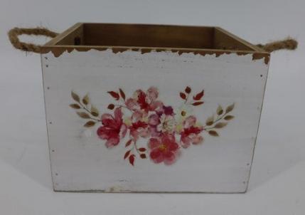 Wooden White Box With Handles And Antique Roses Design Planter