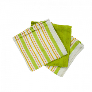 Set Of 3 Green Stripes And Solid Green Dishcloths