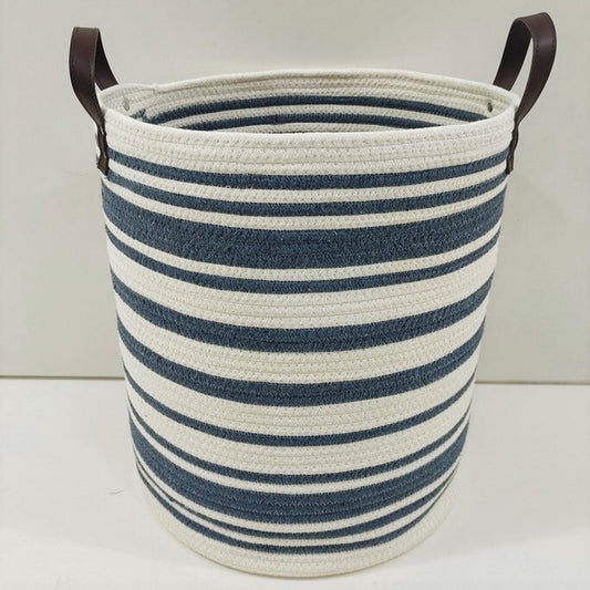 Navy Blue And Ivory Stripes With Faux Leather Handles Laundry Hamper