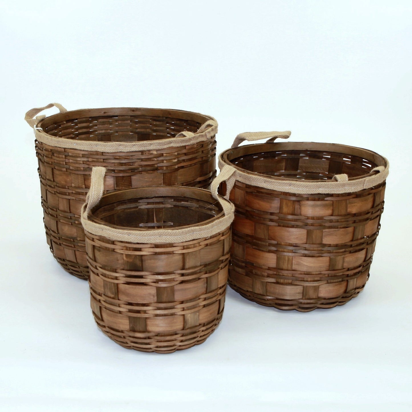 Set Of 3 Light Brown Woven Wood With Fabric Trim And Handles Baskets