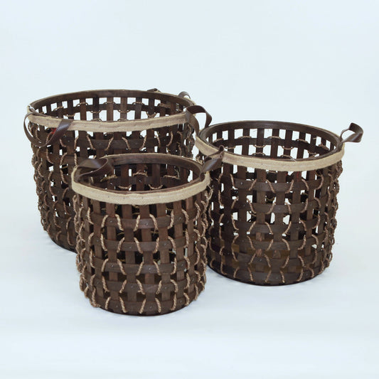 Set Of 3 Dark Brown Woven Wood With Fabric Trim And Handles Baskets