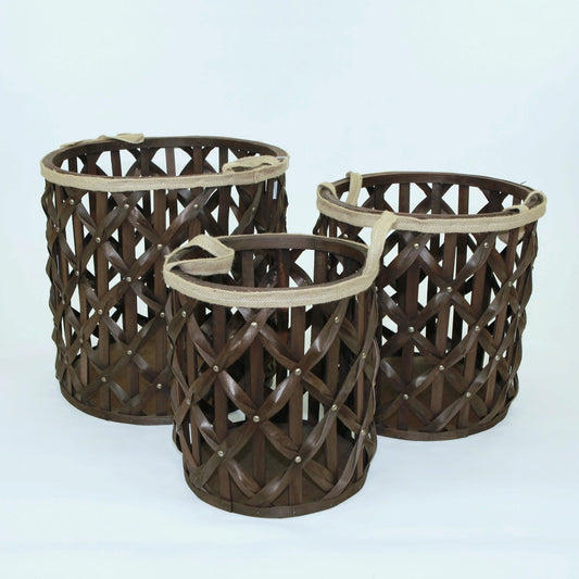 Set Of 3 Brown Woven Wood With Fabric Trim And Handles Baskets