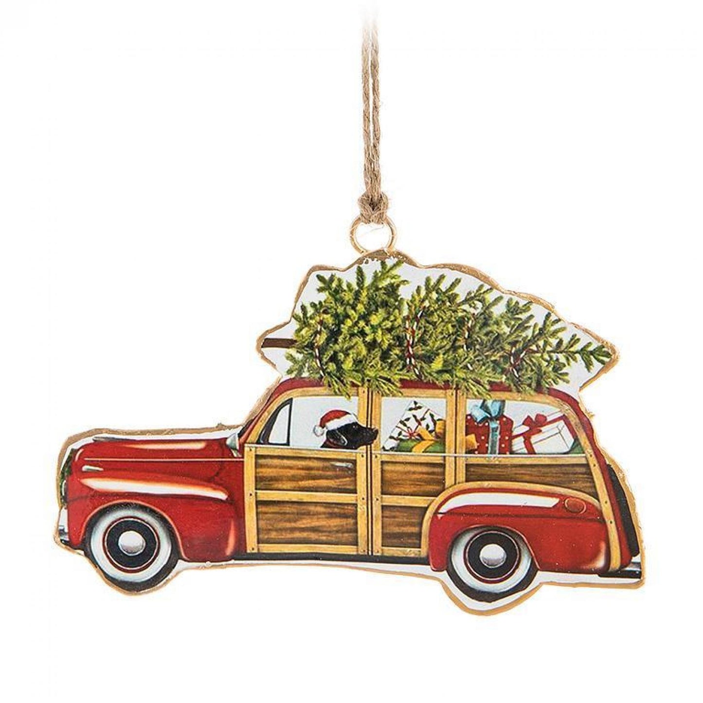 Dog In Woodie Wagon With A Christmas Tree Ornament