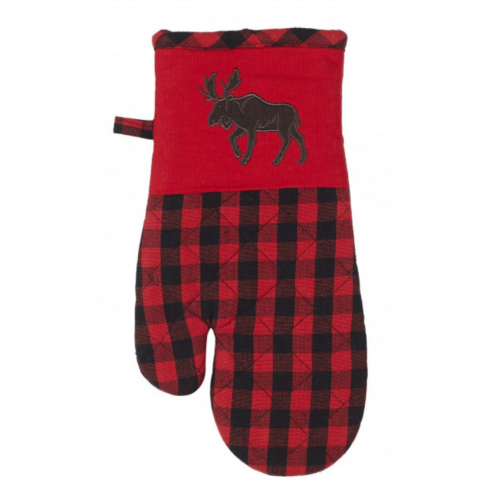 Set Of 2 Red And Black Buffalo Check With Moose Oven Mitts