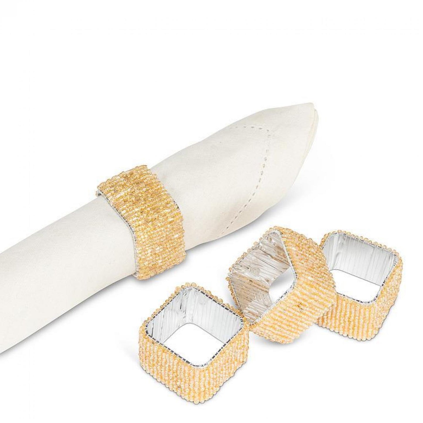 Set Of 4 Gold Square Beaded Napkin Ring