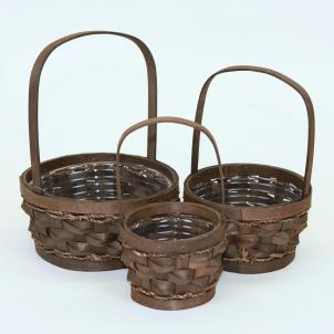 Set Of 3 Long Handled Slat Wood Baskets