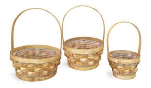 Set Of 3 Honey Color Slatwood Long Handled Baskets