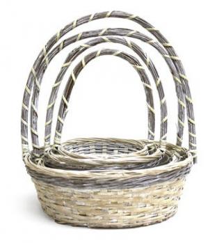 Set Of 3 Long Handled White Washed Bamboo Baskets