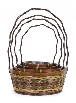 Set Of 4 Ginger Color With Rope Accents Long Handled Baskets