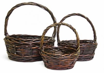 Set Of 3 Round Mahogany Colored Long Handled Baskets