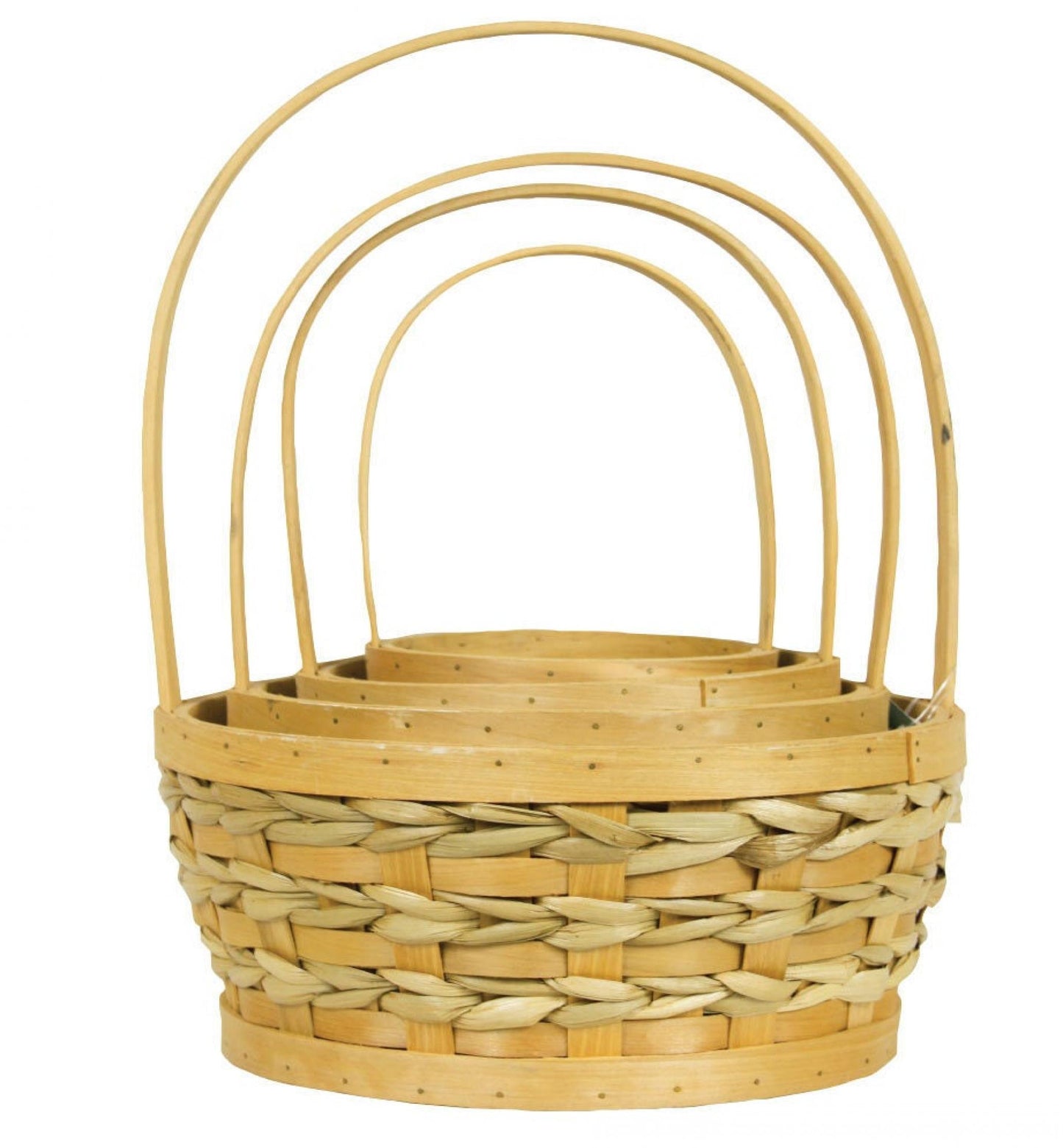 Set Of 4 Long Handled Seagrass Accented Wood Slat Baskets