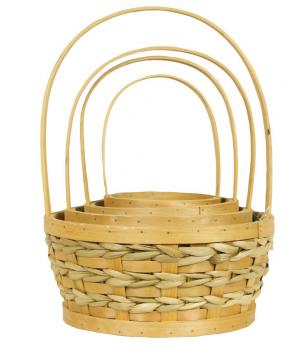 Set Of 4 Long Handled Seagrass Accented Wood Slat Baskets