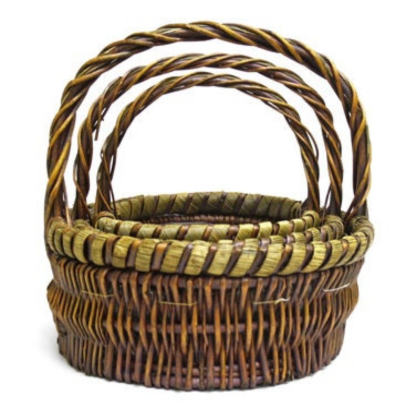 Set Of 3 Long Handled Light And Dark Handled Swiss Willow Baskets