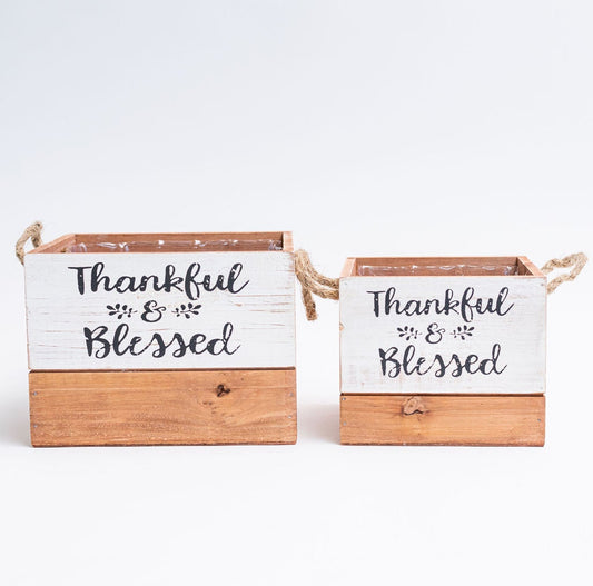 Set Of 2 Thankful & Blessed Rope Handles On Wood Boxes