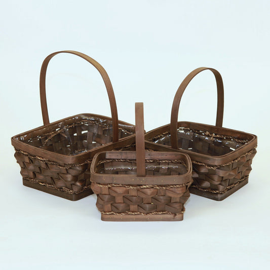 Set Of 3 Slatwood Brown Handled Baskets