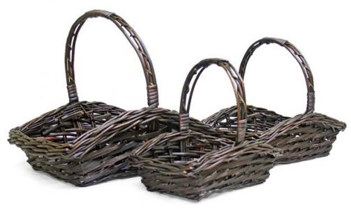 Set Of 3 Mahogany Willow Rectangular Handled Baskets