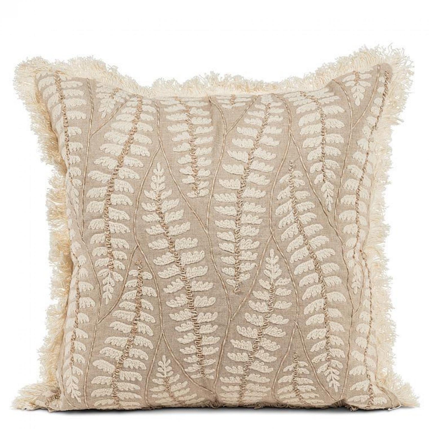 Ivory Stictched Leaves On Taupe With Fringe Edge Pillow