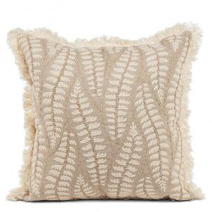 Ivory Stictched Leaves On Taupe With Fringe Edge Pillow