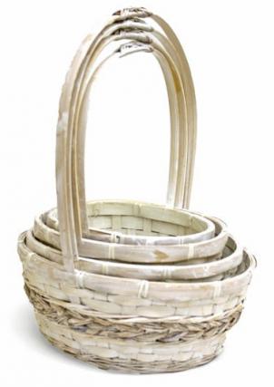 Set Of 4 Whitewashed Long Handled Bamboo Baskets