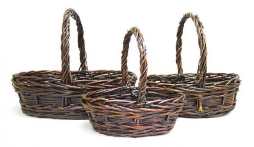 Set Of 3 Mahogany Brown Long Handled Willow Baskets