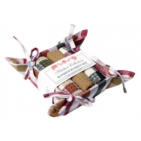 Cambridge Check 2 Dish Cloths; 1 Tea Towel And Bread Basket Set