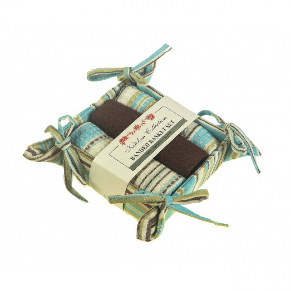 Seaside Stripe 2 Dish Cloths; 1 Tea Towel And Bread Basket Set