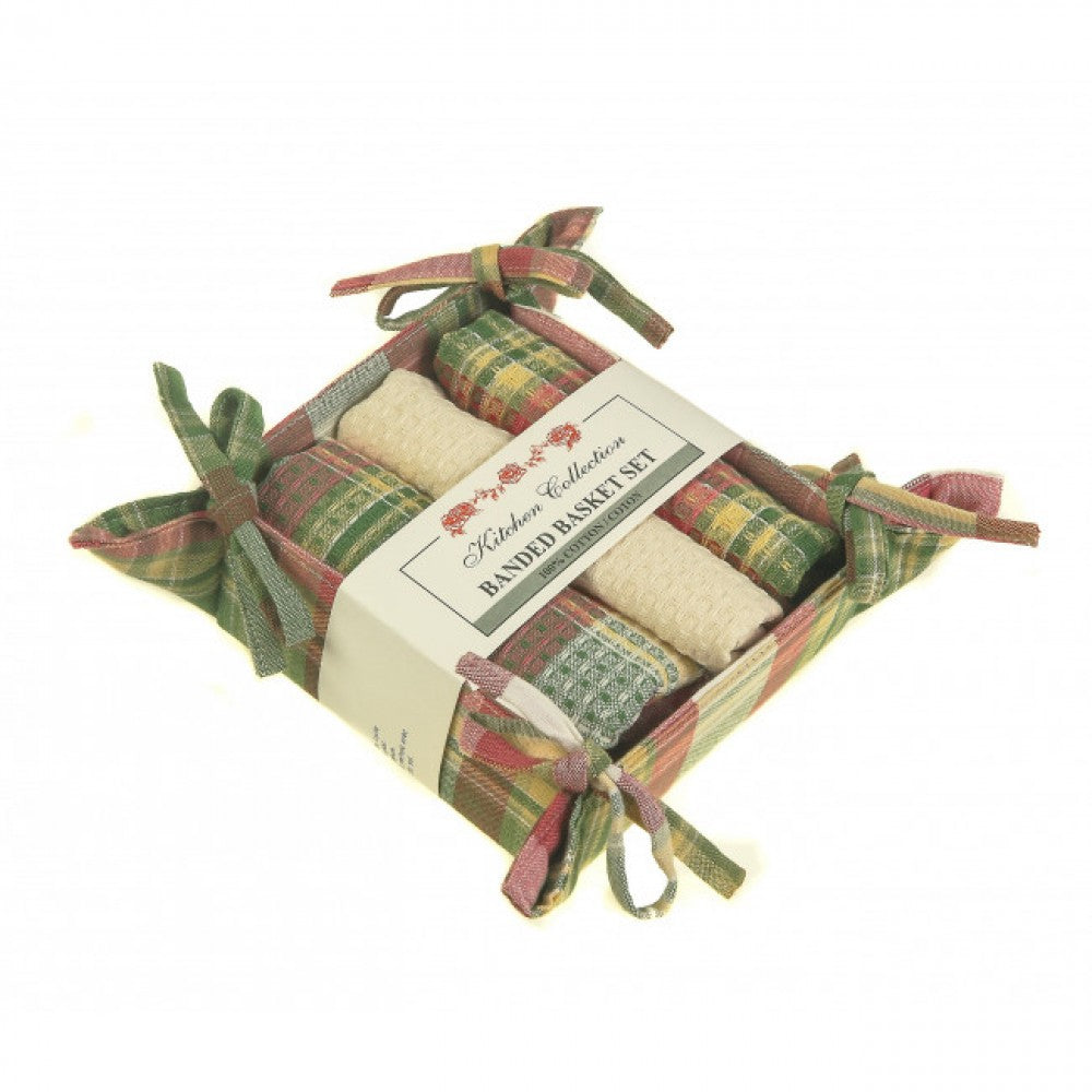Summer Blush Check Pattern 2 Dish Cloths; 1 Tea Towel And Bread Basket Set