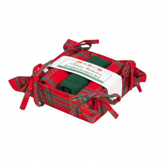 Belvedere Red Lurex Check 2 Dish Cloths; 1 Tea Towel And Bread Basket Set