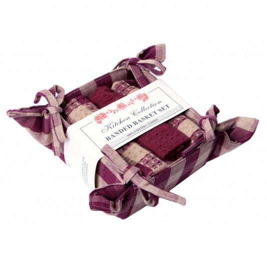 Burgundy Check 2 Dish Cloths; 1 Tea Towel And Bread Basket Set