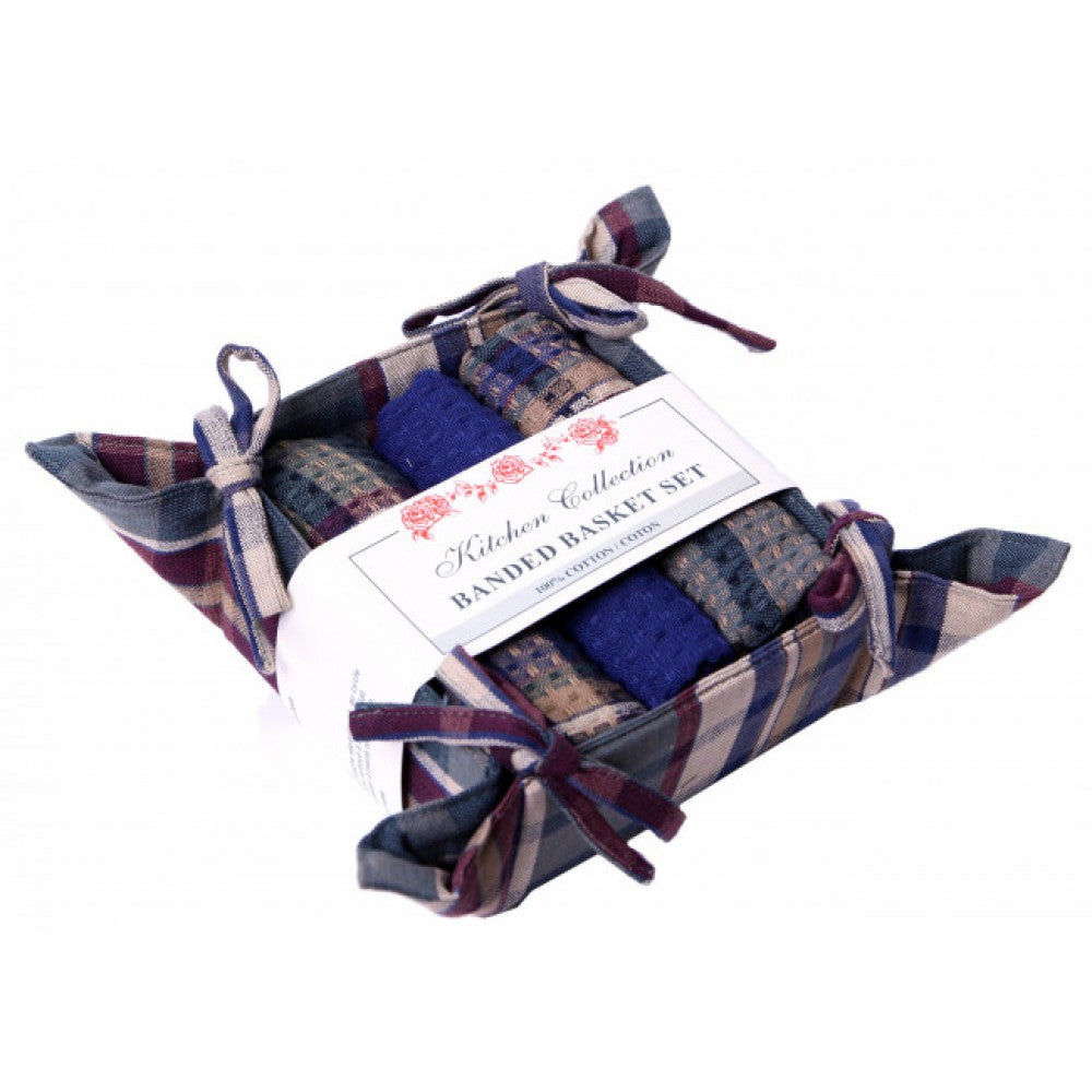 Army Check 2 Dish Cloths; 1 Tea Towel And Bread Basket Set