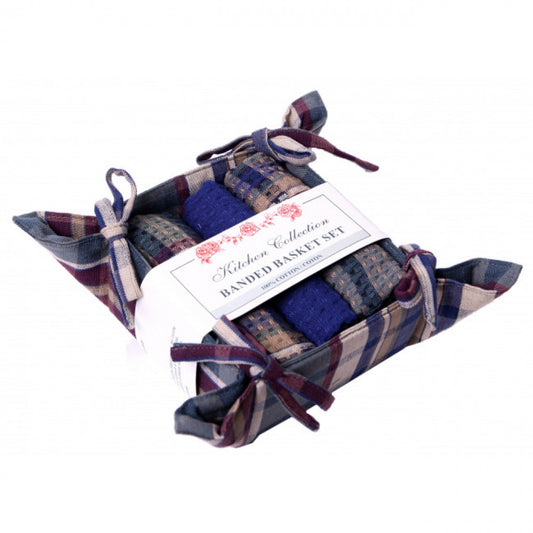 Army Check 2 Dish Cloths; 1 Tea Towel And Bread Basket Set