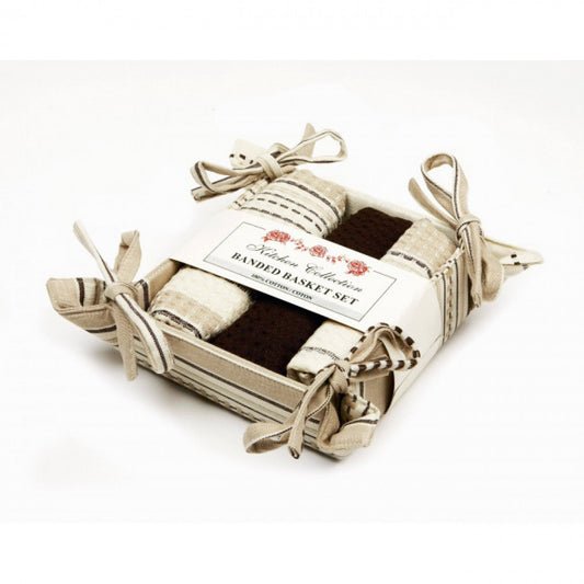 Coco Stripe 2 Dish Cloths; 1 Tea Towel And Bread Basket Set