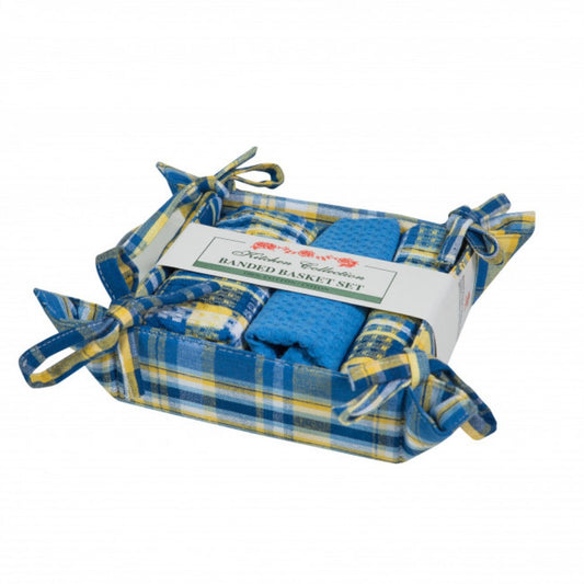 Bluestone Check 2 Dish Cloths; 1 Tea Towel And Bread Basket Set