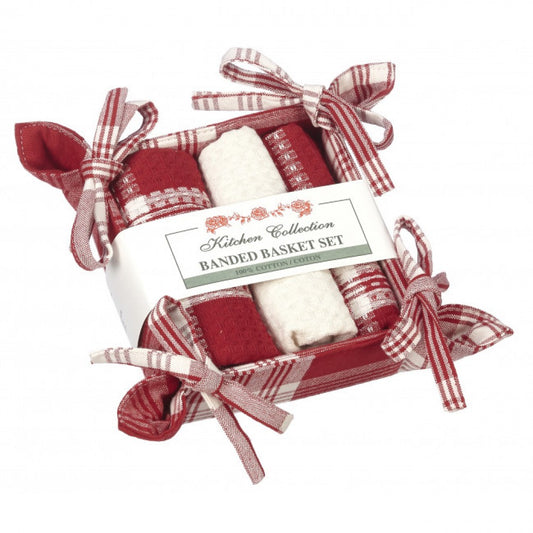 Stone Red Plaid 2 Dish Cloths; 1 Tea Towel And Bread Basket Set