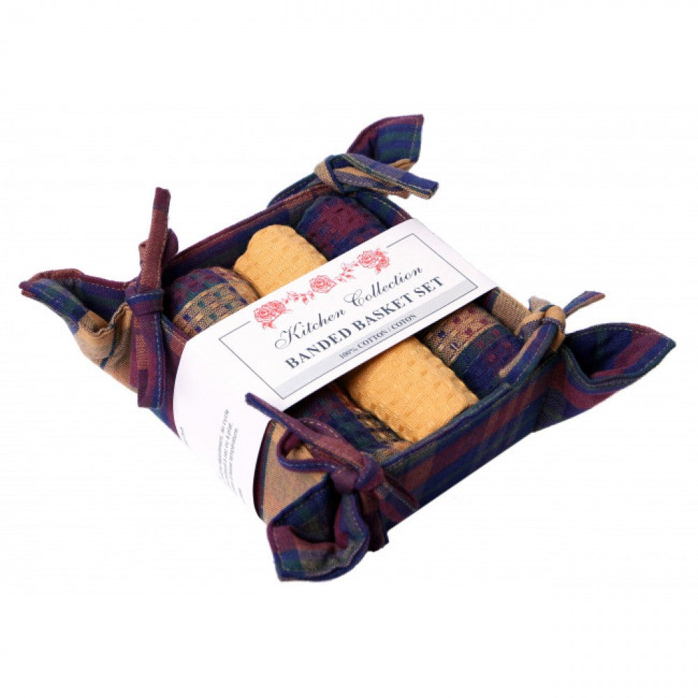 Sunset Check Pattern 2 Dish Cloths; 1 Tea Towel And Bread Basket Set