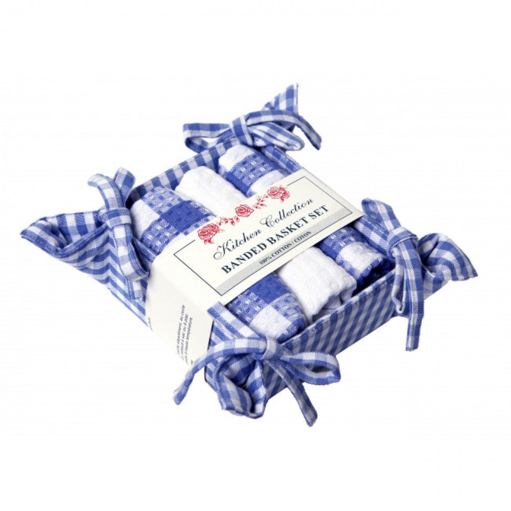 Toro Blue Check Pattern 2 Dish Cloths; 1 Tea Towel And Bread Basket Set