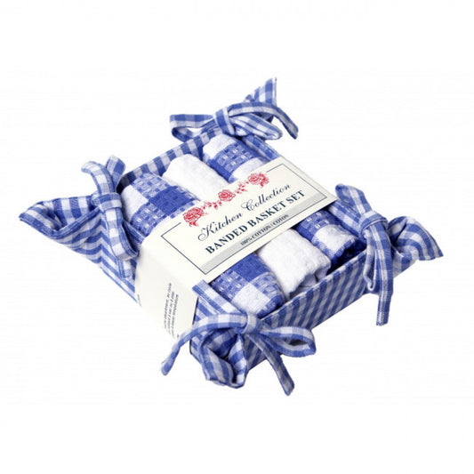 Toro Blue Check Pattern 2 Dish Cloths; 1 Tea Towel And Bread Basket Set