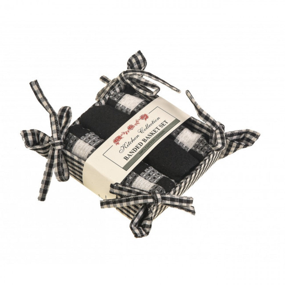 Toro Black Check Pattern 2 Dish Cloths; 1 Tea Towel And Bread Basket Set