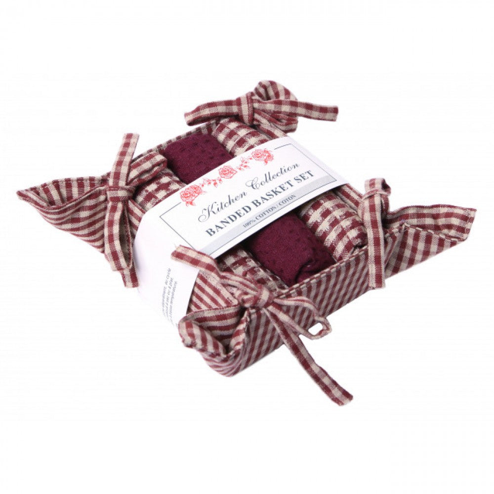 Berryvine Burgundy Check 2 Dish Cloths; 1 Tea Towel And Bread Basket Set
