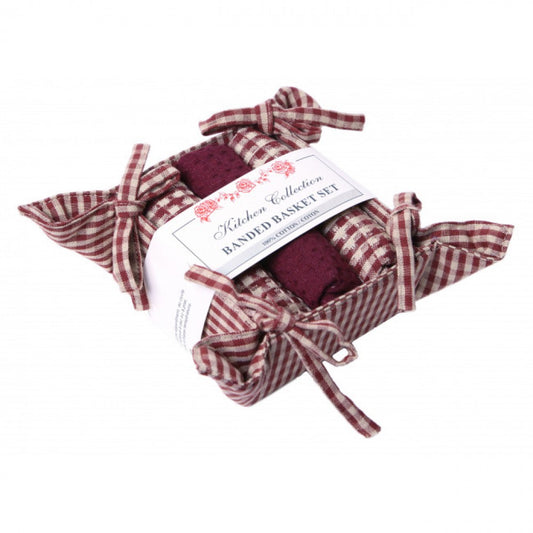 Berryvine Burgundy Check 2 Dish Cloths; 1 Tea Towel And Bread Basket Set