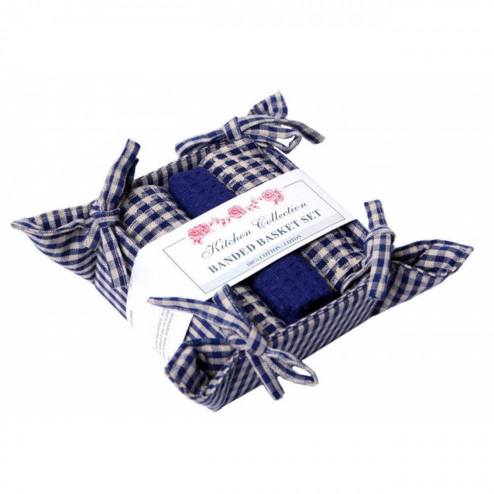 Berryvine Navy Blue Check 2 Dish Cloths; 1 Tea Towel And Bread Basket Set
