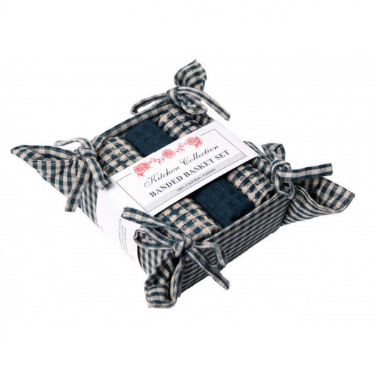 Berryvine Green Check 2 Dish Cloths; 1 Tea Towel And Bread Basket Set