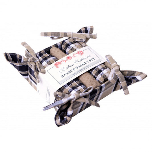 Black Haze Check Pattern 2 Dish Cloths; 1 Tea Towel And Bread Basket Set