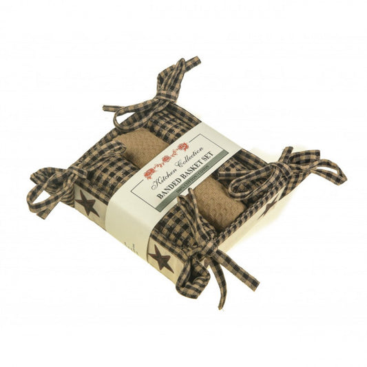 Black And Beige Checks With Black Star 2 Dish Cloths; 1 Tea Towel And Bread Basket Set