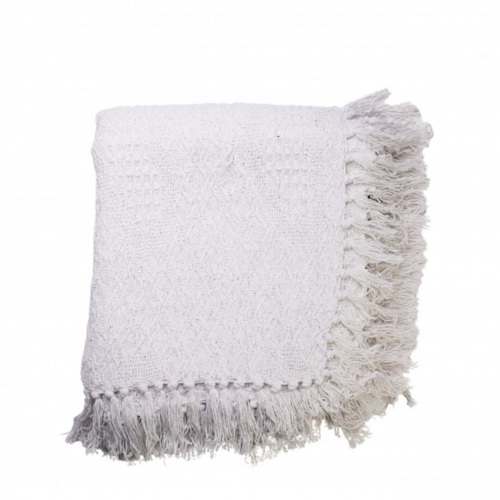 Fringed White Cotton Hand Woven Throw