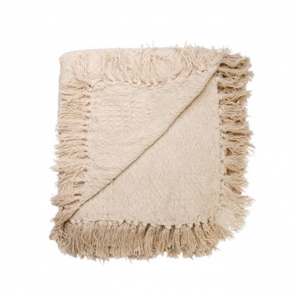 Fringed Natural Color Cotton Hand Woven Throw