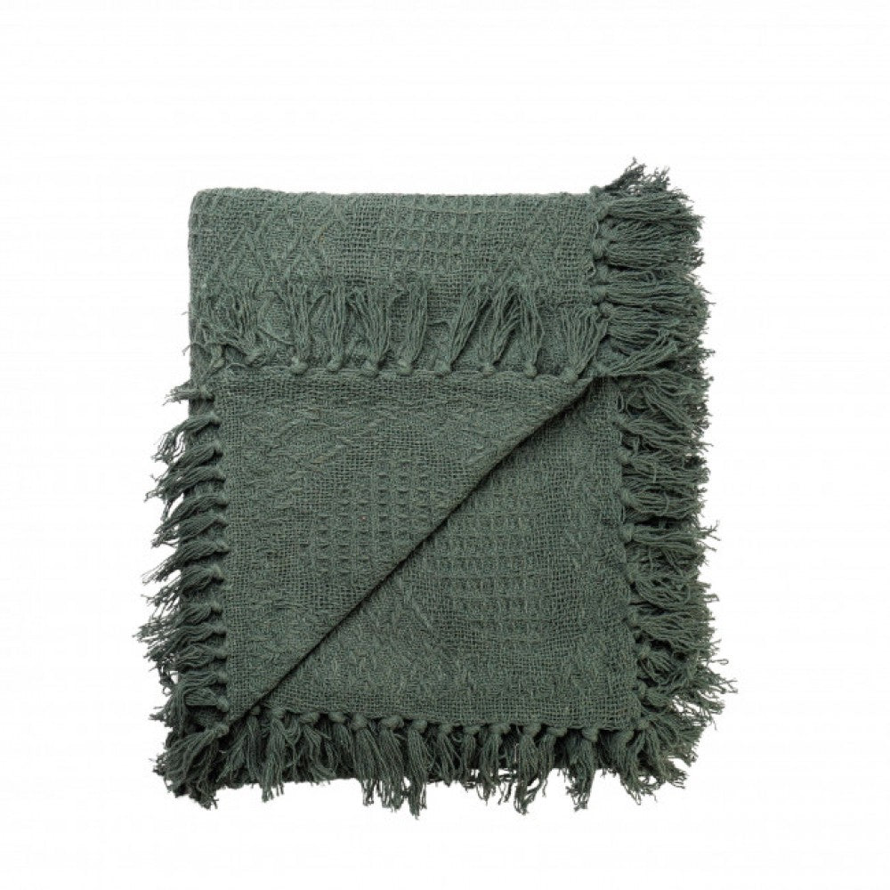 Fringed Moss Green Cotton Hand Woven Throw