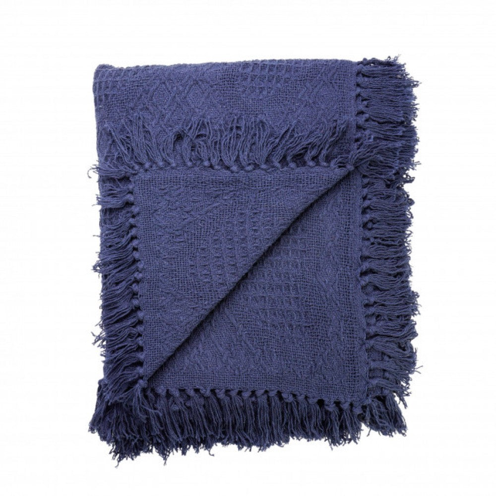 Fringed Navy Blue Cotton Hand Woven Throw